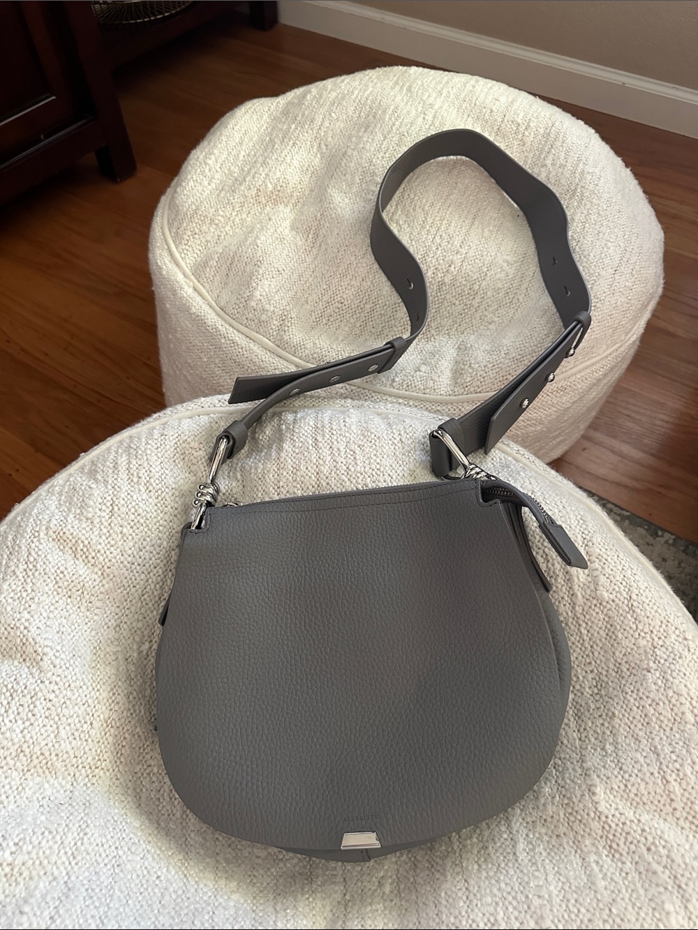 All Saints Gray Pebbled Leather Saddle Shoulder Bag